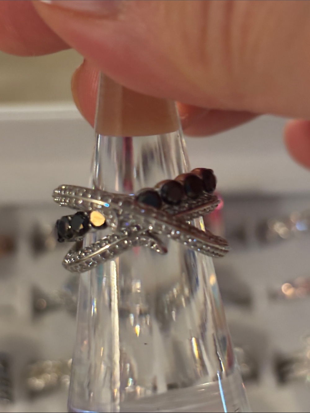 Crossed Band Ring with Black Stones
